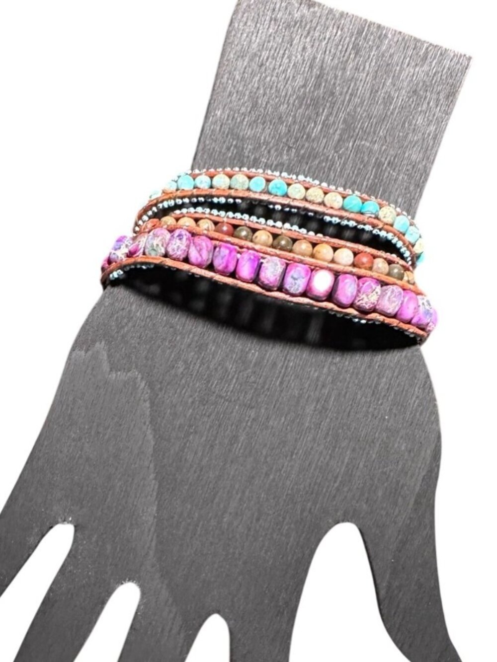 Natural Stone Wrap Bracelet Leather Jasper Agate Blue Purple Womens Jewelry